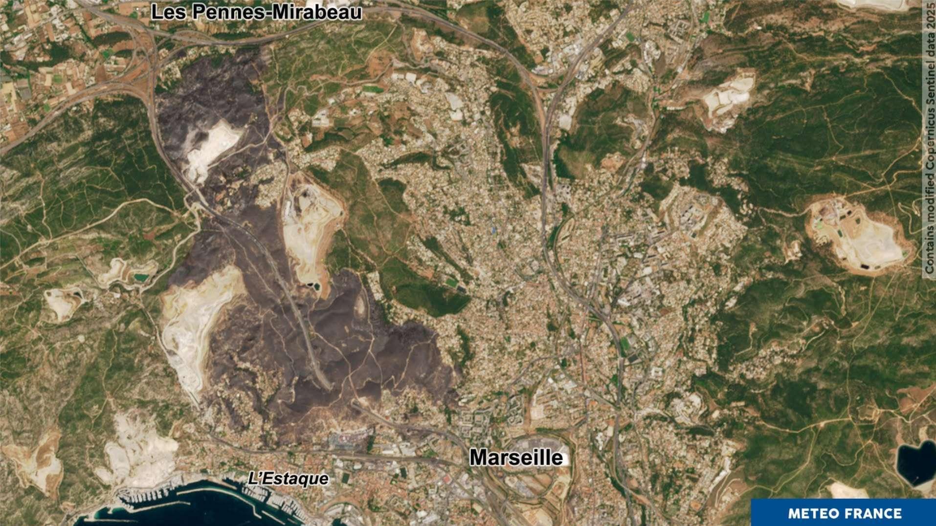 Image: la vue satellite après le passage de l'incendie aux Pennes-Mirabeau et à l'Estaque