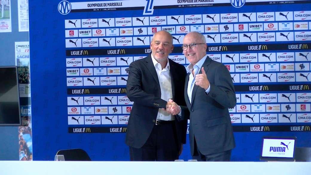 OM : Frank McCourt présente le futur président de l'Olympique de Marseille, Stéphane Richard
